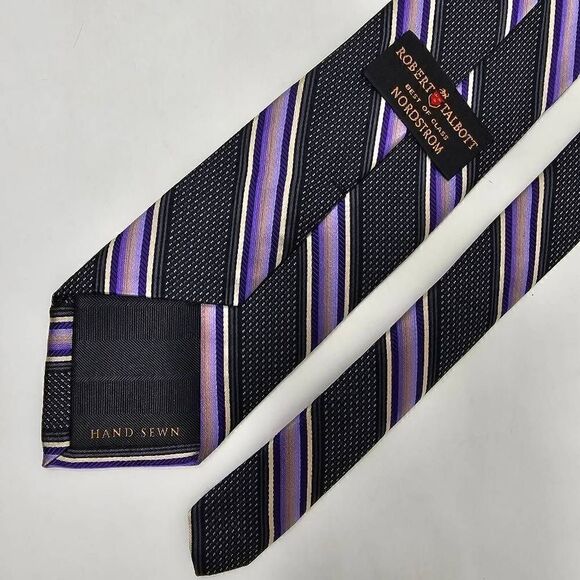 ROBERT TALBOTT BEST OF CLASS SILK TIE BLACK PURPLE MICRO DOT STRIPE 3.5" X 58" - Picture 2 of 2